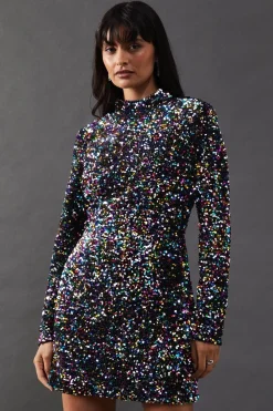 Sequin Outfits|Dresses^Nasty Gal High Neck Velvet Sequin Cutout Back Mini Dress |