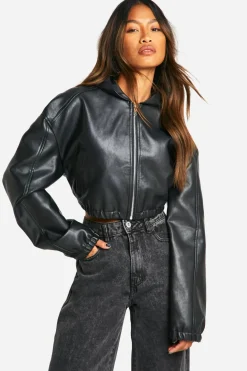 Leather|Jackets^Nasty Gal Hooded Faux Leather Bomber Jacket |