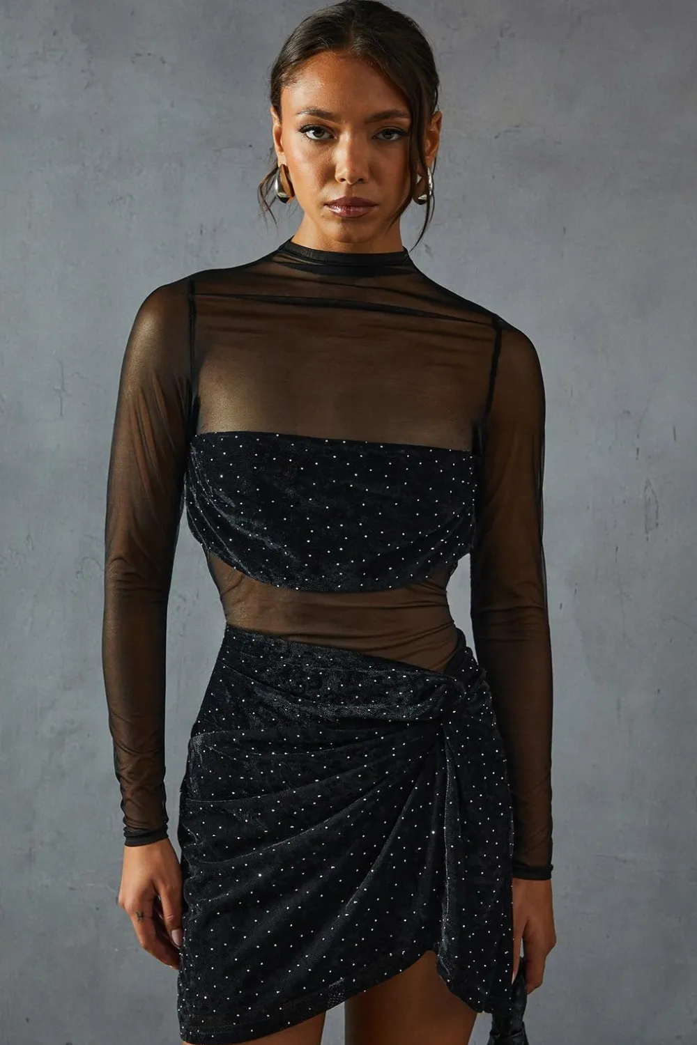 Dresses^Nasty Gal Hotfix Velvet Insert Mesh Long Sleeve MiniDress |