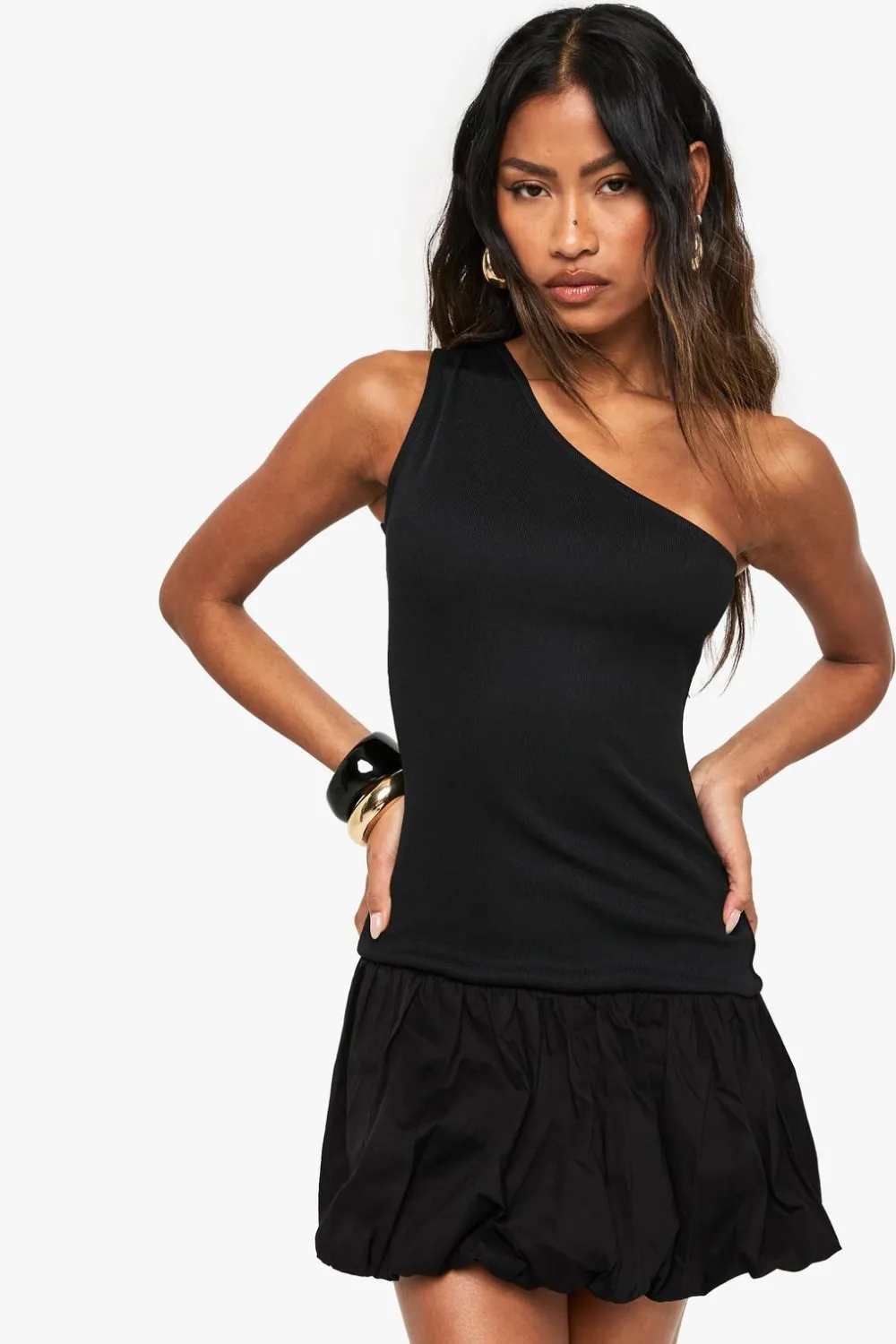 Dresses^Nasty Gal Jersey Rib Cotton Mix One Shoulder Puffball Mini Dress |