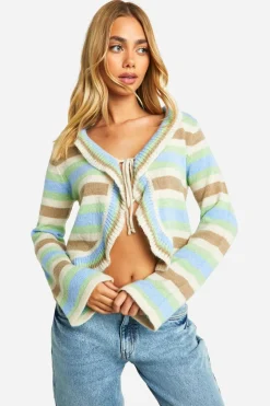 Stripes|Knitwear^Nasty Gal Knitted Striped Flare Sleeve Tie Front Cardigan |