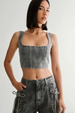 Denim Tops|Denim^Nasty Gal Lace Back Detail Denim Corset Top |