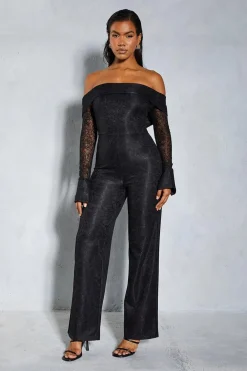 Jumpsuits|Jumpsuits^Nasty Gal Lace Bardot Cuff Detail Straight Leg Jumpsuit |