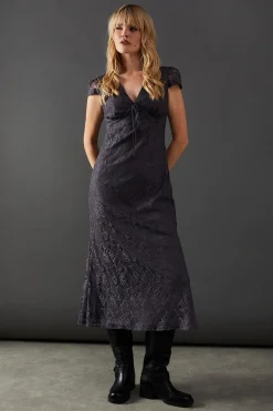 Dresses^Nasty Gal Lace Cap Sleeve Bow Front Midi Tea Dress |