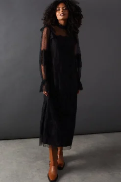 Dresses^Nasty Gal Lace Dobby Ruffle Neck Midi Smock Dress |