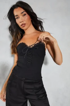 Tops^Nasty Gal Lace Up Bandeau Lace Trim Top |