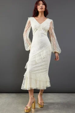 Dresses^Nasty Gal Lace V Neck Ruffle Midi Dress |