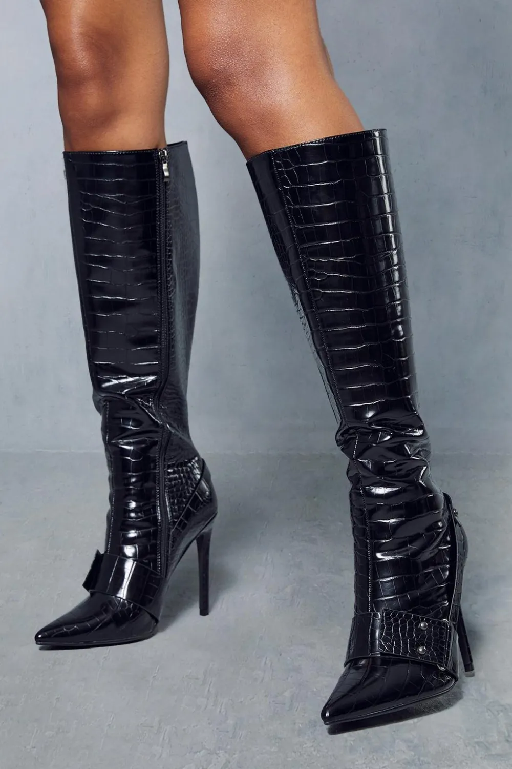 Leather^Nasty Gal Leather Look Croc Heeled Boots |