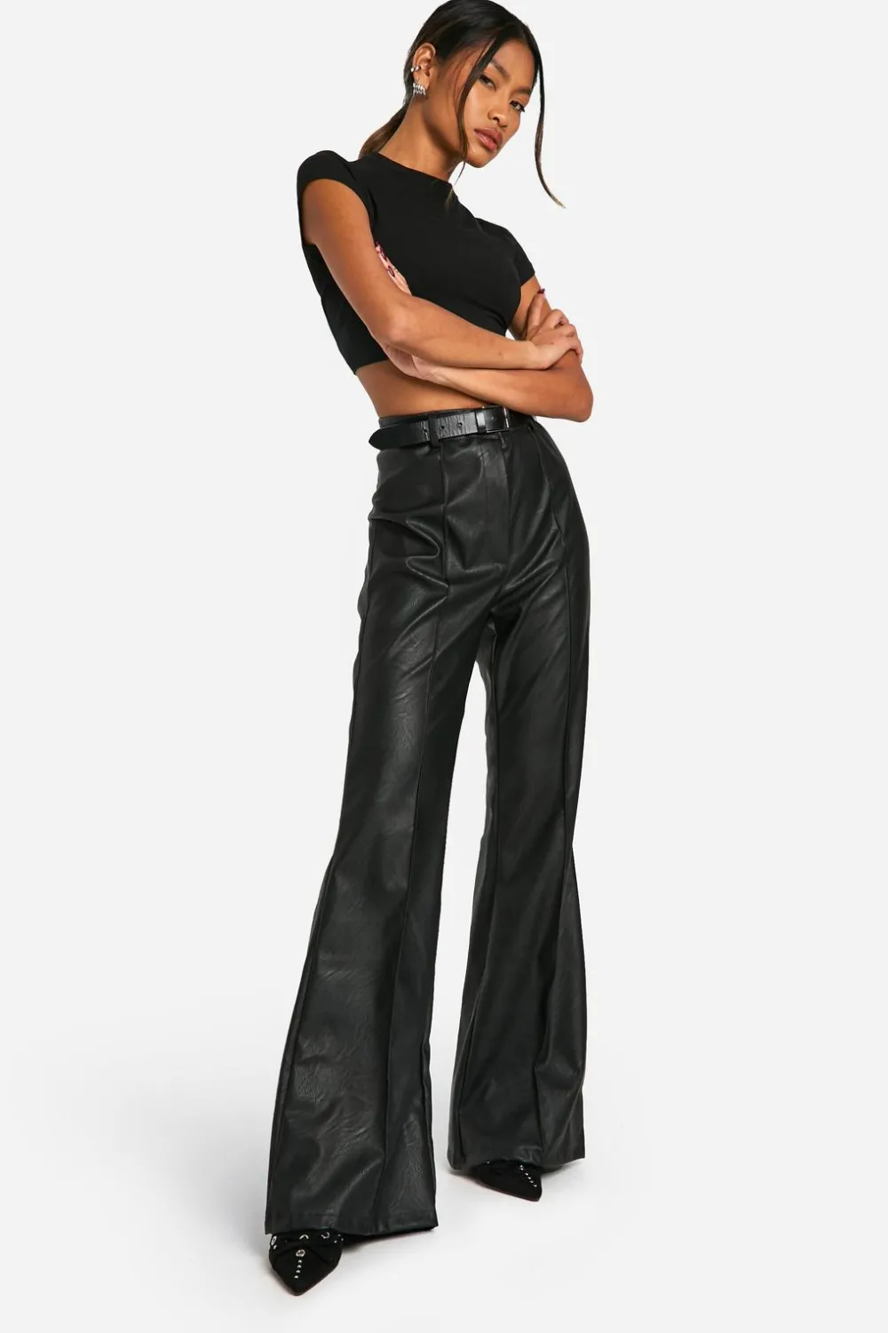 Leather|Pants^Nasty Gal Leather Look High Waisted Seam Front Flared Trousers |