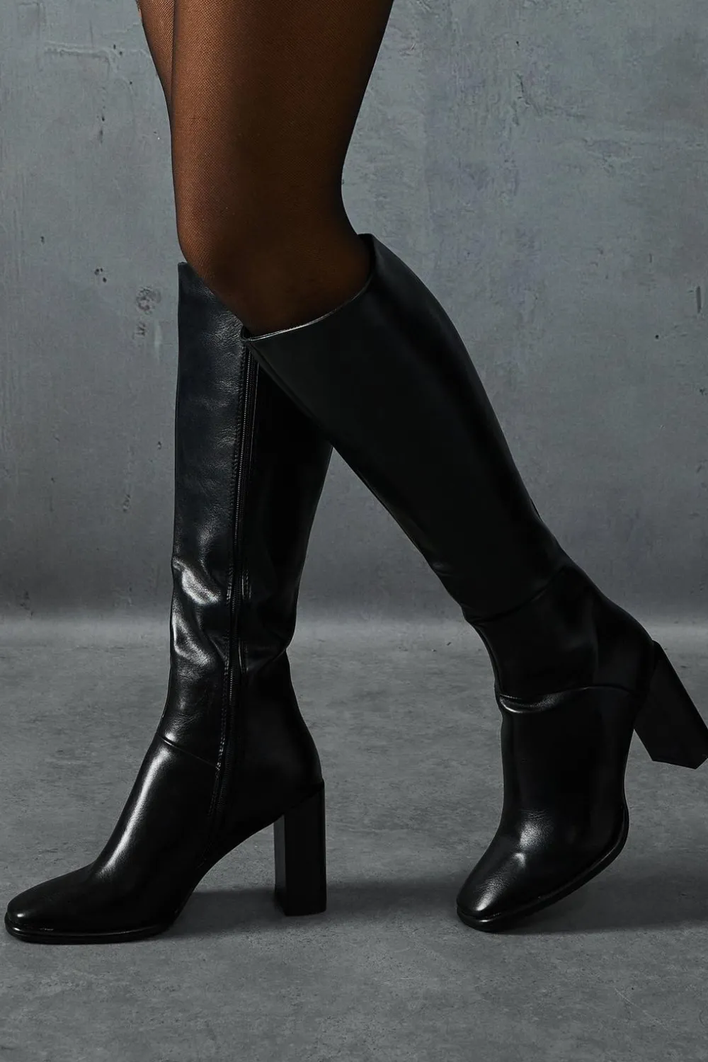 Leather^Nasty Gal Leather Look Knee High Square Toe Boots |