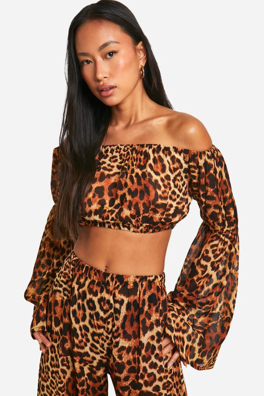 Vacation Shop|Animal Print^Nasty Gal Leopard Long Sleeve Bardot Beach Top |