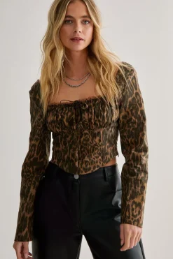 Animal Print|Party Outfits^Nasty Gal Leopard Long Sleeve Lace Up Back Corset Top |