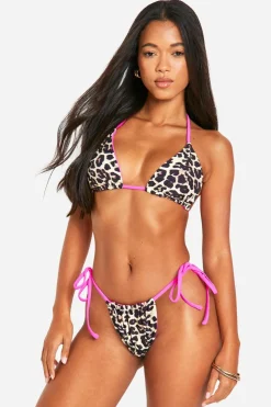 Animal Print^Nasty Gal Leopard Print Contrast Triangle Bikini Top & Tanga Tie Side Bikini Bottoms Set |