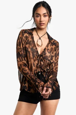 Animal Print|Tops^Nasty Gal Leopard Printed Woven Long Sleeve Collared Top with Tie Front Detail |
