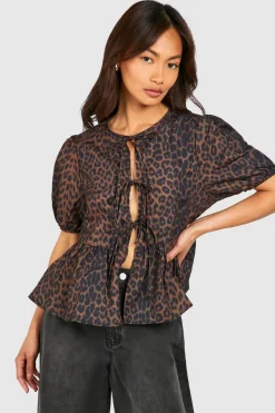 Animal Print|Tops^Nasty Gal Leopard Puff Sleeve Bow Tie Top |