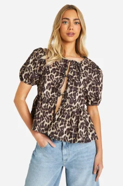 Animal Print|Tops^Nasty Gal Leopard Puff Sleeve Bow Tie Blouse |