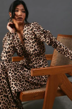 Animal Print|Midi Dresses^Nasty Gal Leopard Viscose V Neck Long Puff Sleeve Midi Dress |