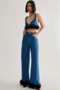 Jeans|Denim^Nasty Gal Limited Feather Trim Denim Jean |