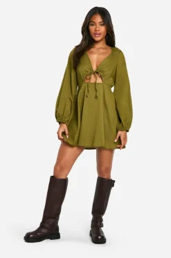 Dresses^Nasty Gal Linen Look Tie Front Puff Sleeve Mini Dress |