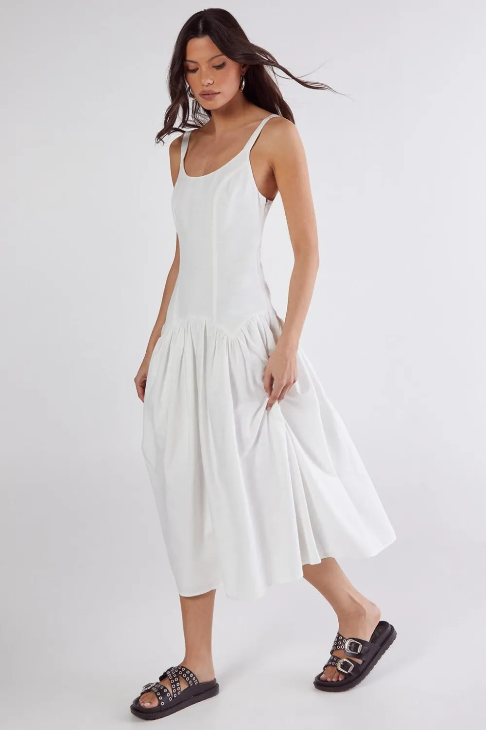 White Outfits|Spring Outfits^Nasty Gal Linen Mix Drop Waist Seamed Midi Dress |
