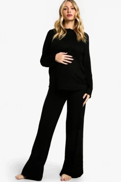 Sleepwear^Nasty Gal Maternity Long Sleeve Button Top & Wide Leg Trouser PJ Set |