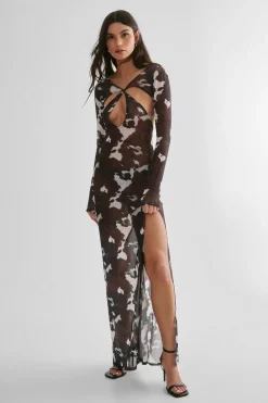 Animal Print|Party Outfits^Nasty Gal Mesh Cut Out Cow Print Maxi Dress |