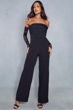 Jumpsuits|Jumpsuits^Nasty Gal Mesh Ruched Off Shoulder Bardot Wide Leg Jumpsuit |