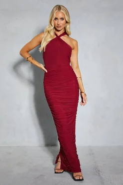 Dresses^Nasty Gal Mesh Twist Strap Halterneck Ruched Midaxi Dress |