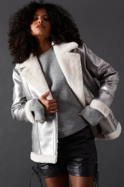 Jackets|Coats^Nasty Gal Metallic Aviator Jacket |