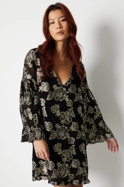 Dresses^Nasty Gal Metallic Georgette V Plunge Frill Swing Dress |