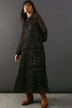 Dresses^Nasty Gal Metallic Jacquard Dobby Lace Insert Midi Smock Dress |