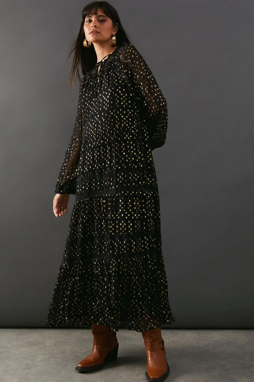 Dresses^Nasty Gal Metallic Jacquard Dobby Lace Insert Midi Smock Dress |