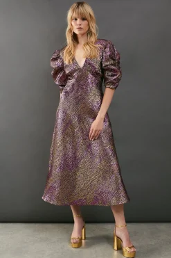 Dresses^Nasty Gal Metallic Jacquard Plunge Neck Puff Sleeve Midi Dress |
