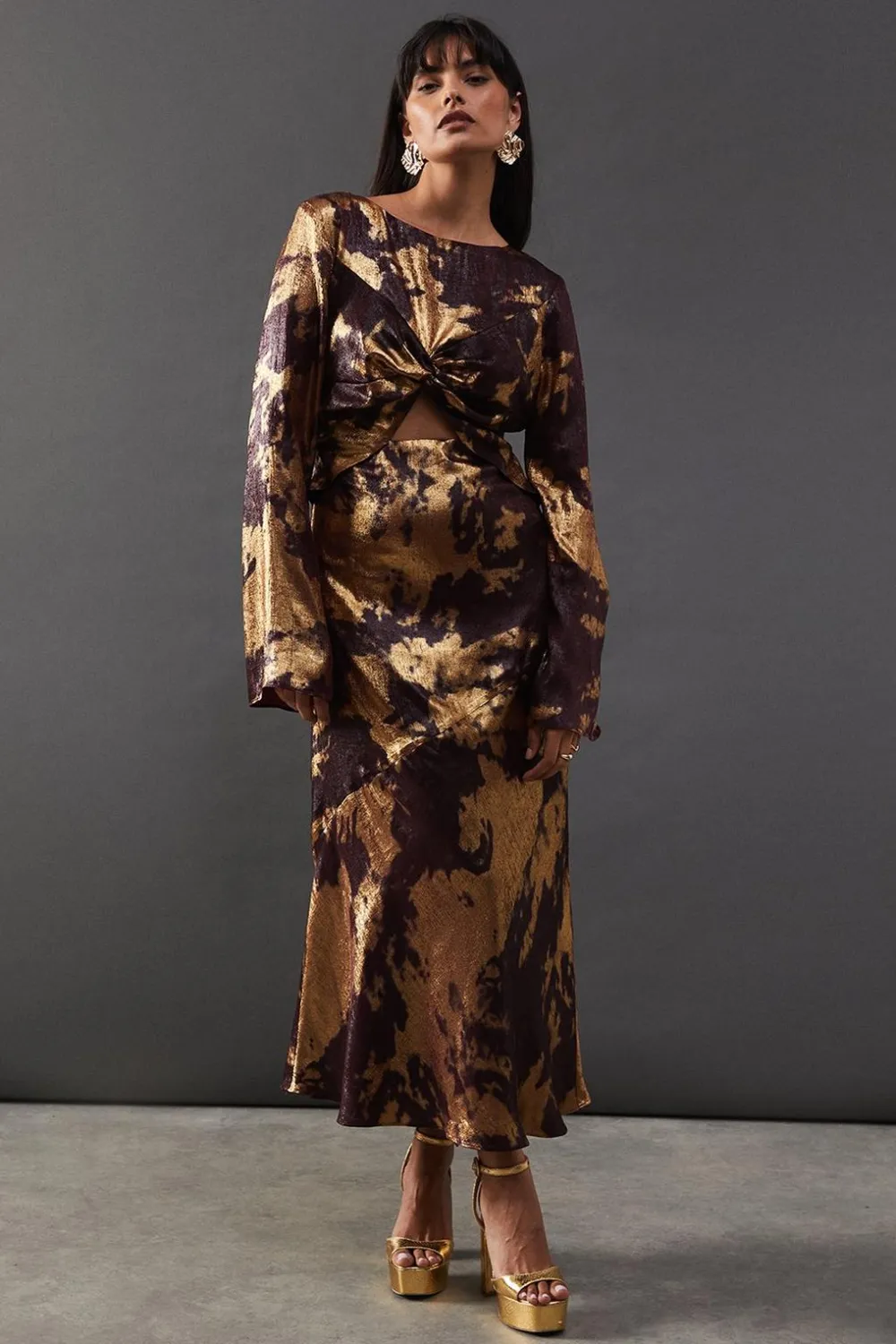 Dresses^Nasty Gal Metallic Marble Twist Front Bias Midi Dress |