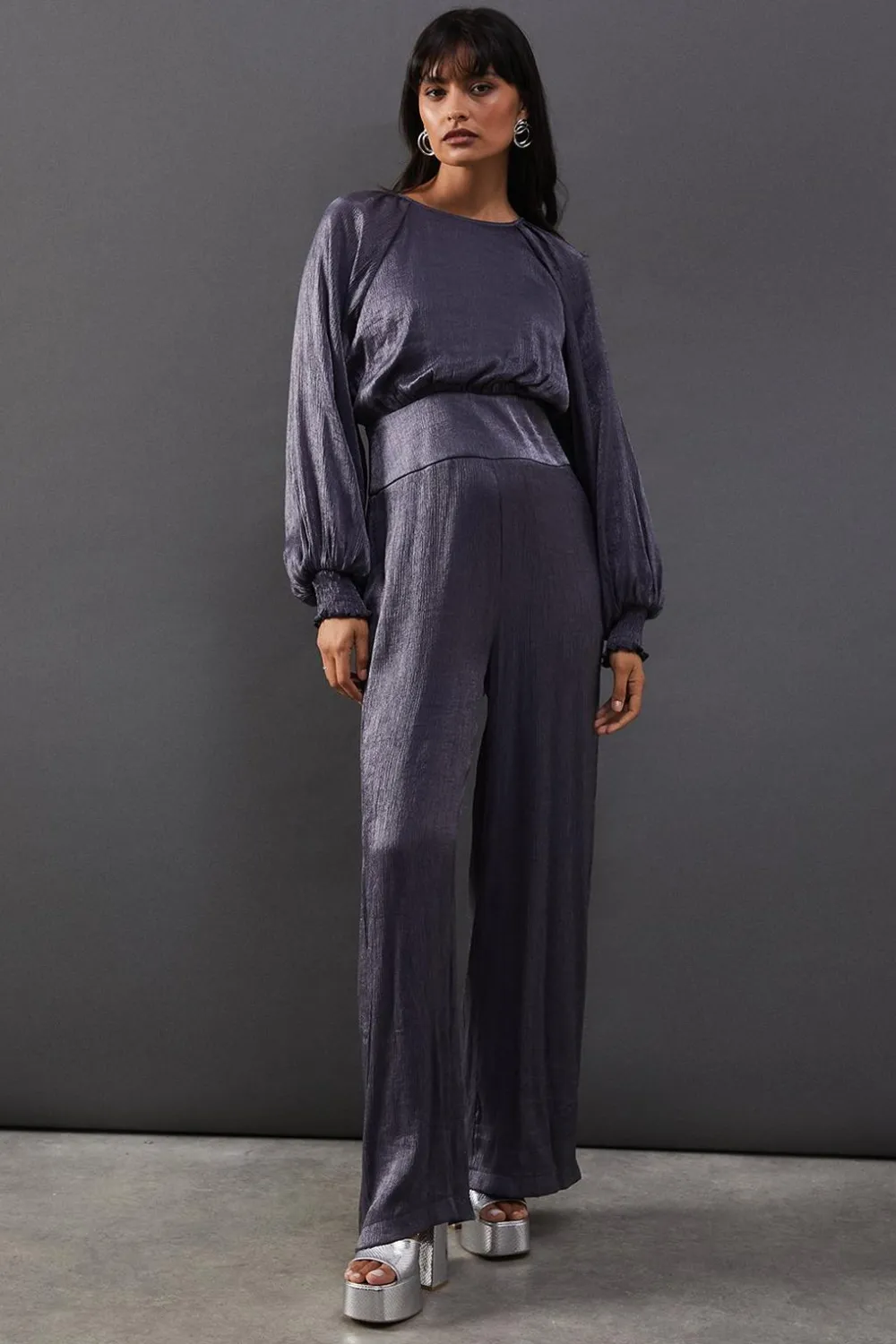 Jumpsuits|Jumpsuits^Nasty Gal Metallic Plisse Satin Gathered Waist Jumpsuit |