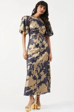 Dresses^Nasty Gal Metallic Satin Ruched Front Puff Sleeve Midi Dress |