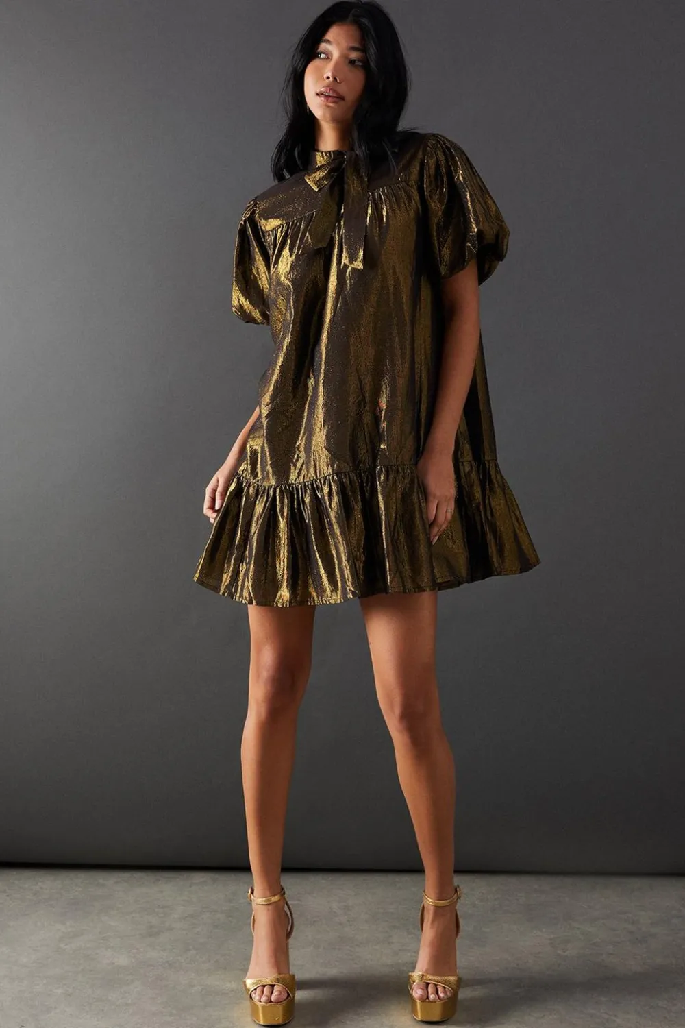 Dresses^Nasty Gal Metallic Tie Neck Puff Sleeve Tier Hem Mini Dress |