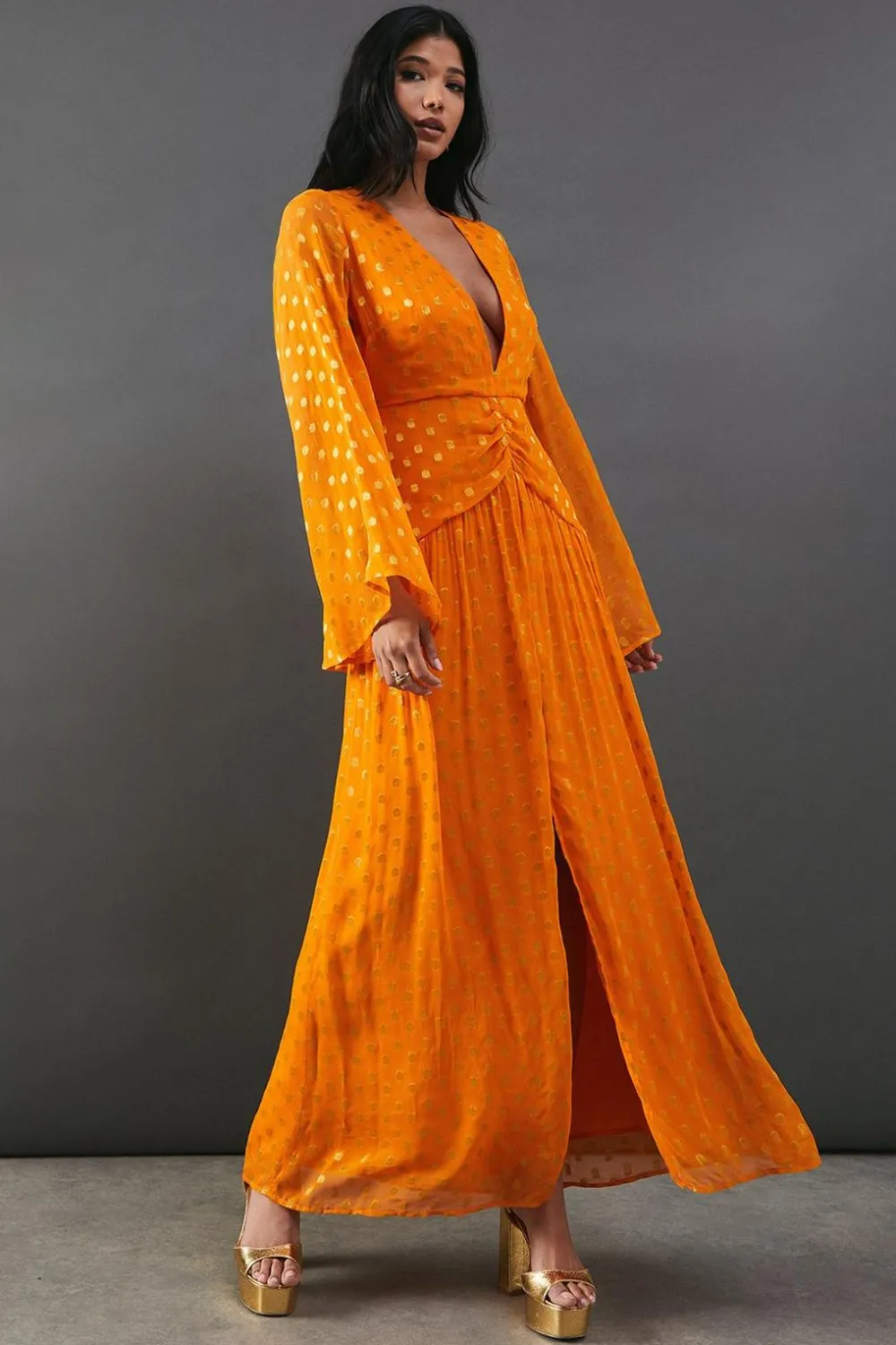 Dresses^Nasty Gal Metallic V Plunge Kimono Sleeve Maxi Dress |