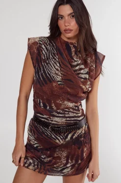 Animal Print|Mini Dresses^Nasty Gal Mixed Animal Crinkle Chiffon High Neck Ruched Mini Dress |