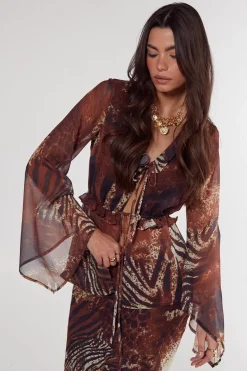 Festival Outfits|Festival Outfits^Nasty Gal Mixed Animal Crinkle Chiffon Ruffle Tie Front Blouse |
