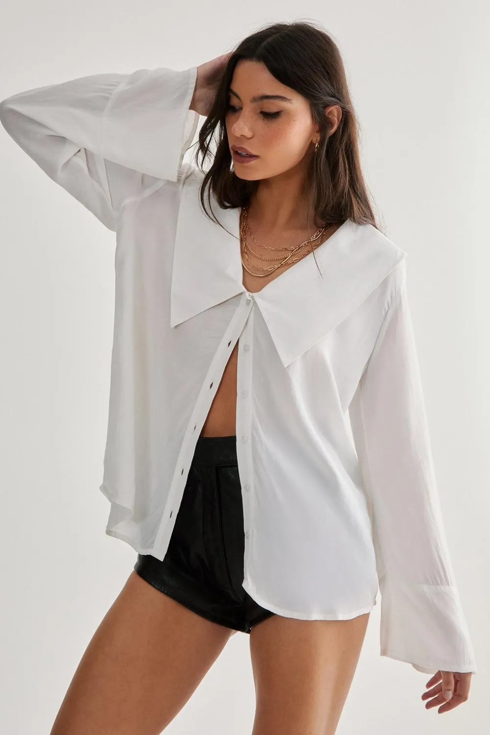 Shirts|Shirts^Nasty Gal Oversized Collar Fluted Sleeve Shirt |