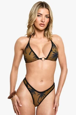 Bikinis|Swimwear^Nasty Gal Palm Tree Print Triangle Bikini Top & High Leg Bikini Bottoms Set |