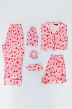 Sleepwear^Nasty Gal 6-pc Satin Heart Print Pajama Set |