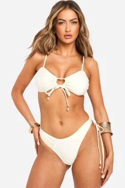 Bikinis|Swimwear^Nasty Gal Pearl Trim Tie Front Bandeau Bikini Top & Tie Side Bikini Bottoms Set |