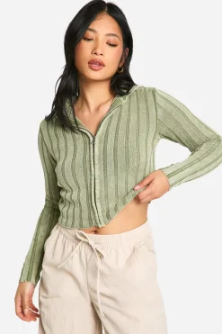 Knitwear^Nasty Gal Petite Acid Wash Off The Shoulder Chunky Rib Knit Zip Cardigan |