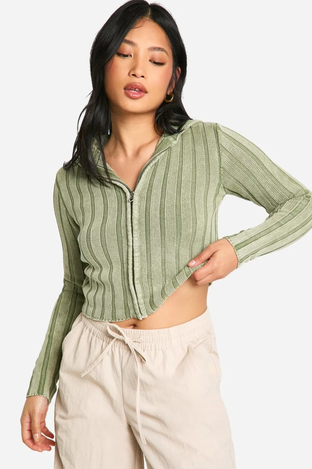 Knitwear^Nasty Gal Petite Acid Wash Off The Shoulder Chunky Rib Knit Zip Cardigan |