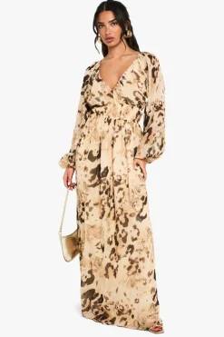 Animal Print^Nasty Gal Petite Animal Printed Chiffon Volume Sleeve Ruched Waist Maxi Dress |