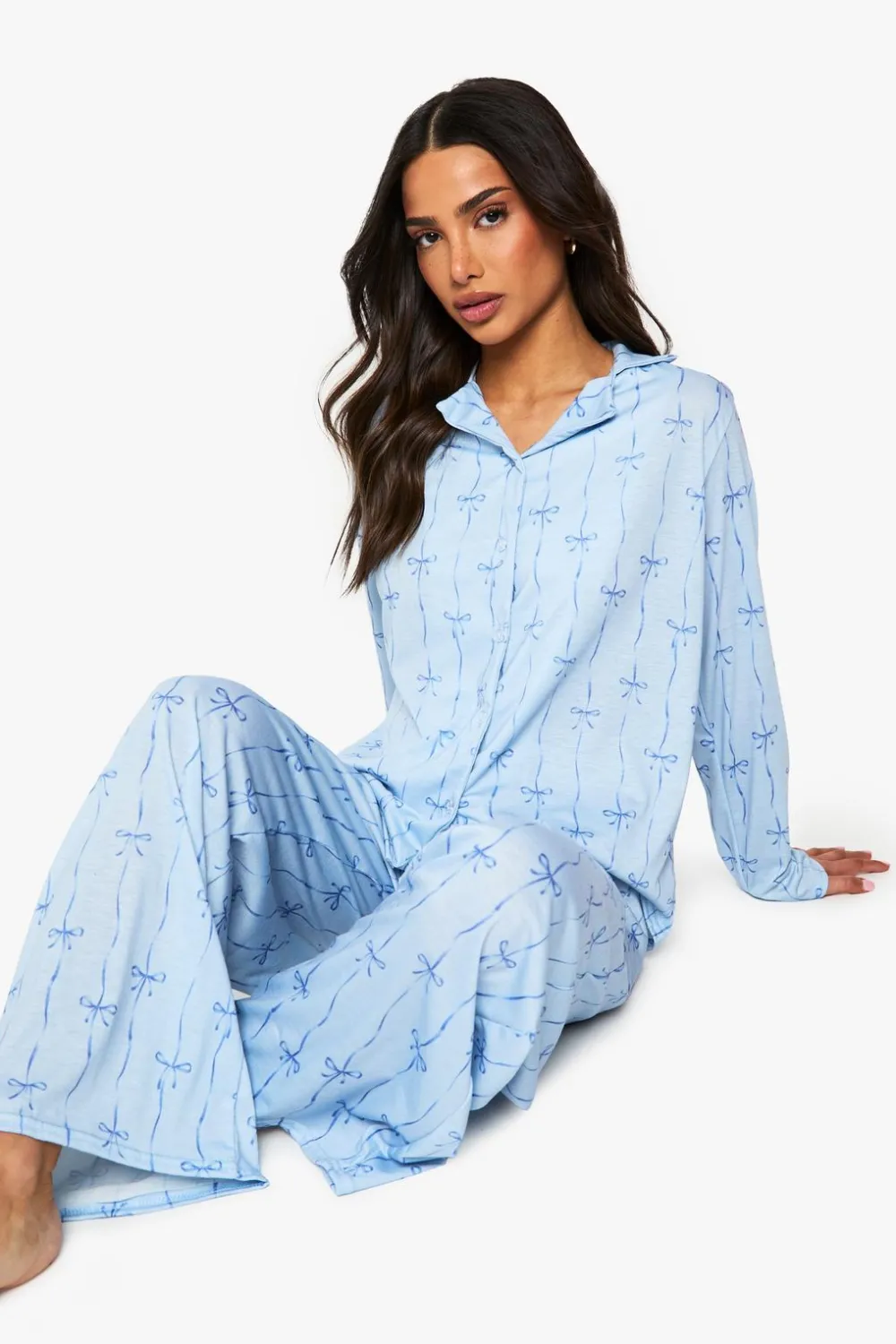 Sleepwear^Nasty Gal Petite Bow Print Long Sleeve Shirt & Trousers Pyjama Set |