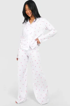 Sleepwear^Nasty Gal Petite Bow Print Long Sleeve Shirt & Trousers Pyjama Set |