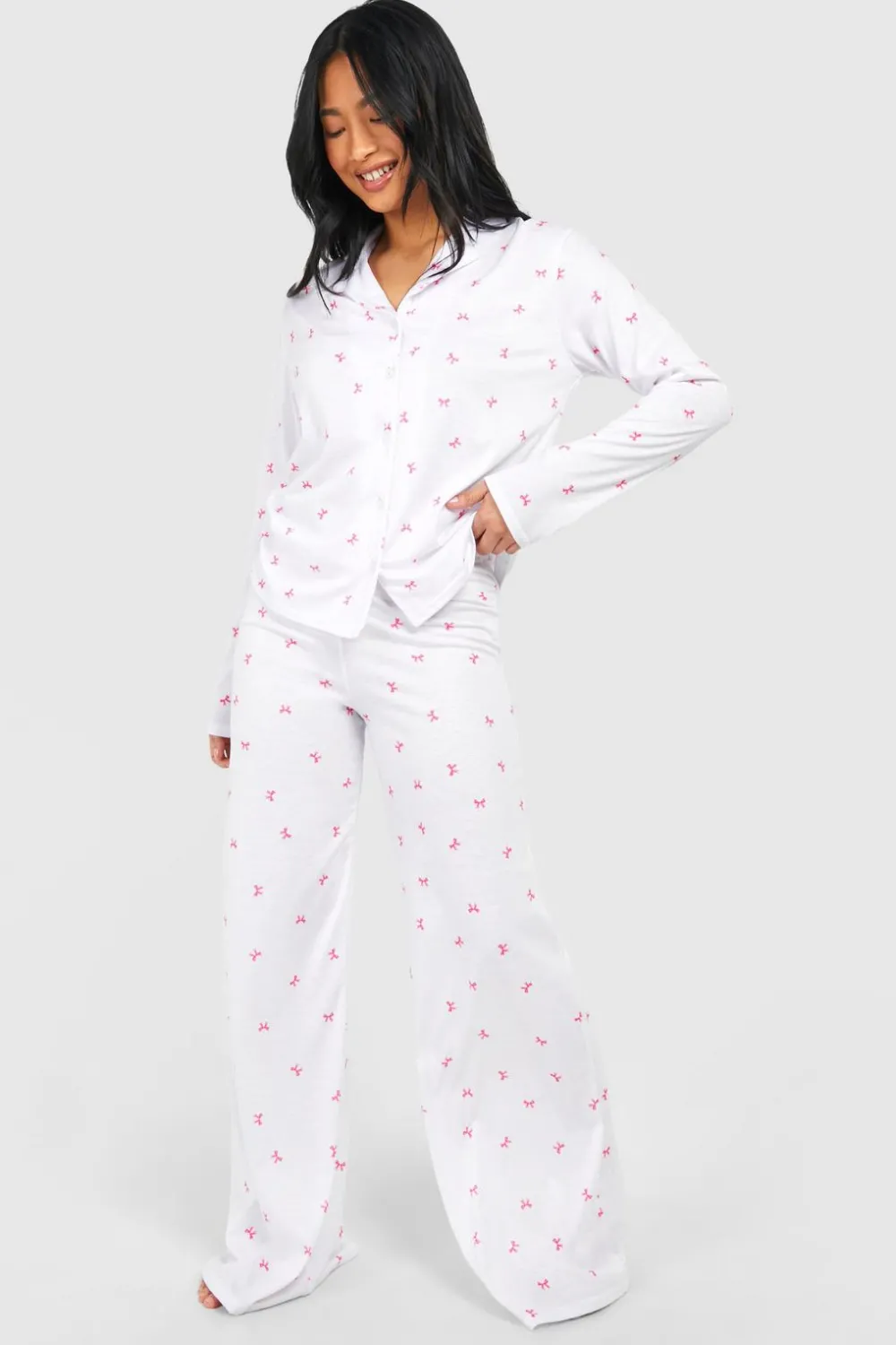 Sleepwear^Nasty Gal Petite Bow Print Long Sleeve Shirt & Trousers Pyjama Set |